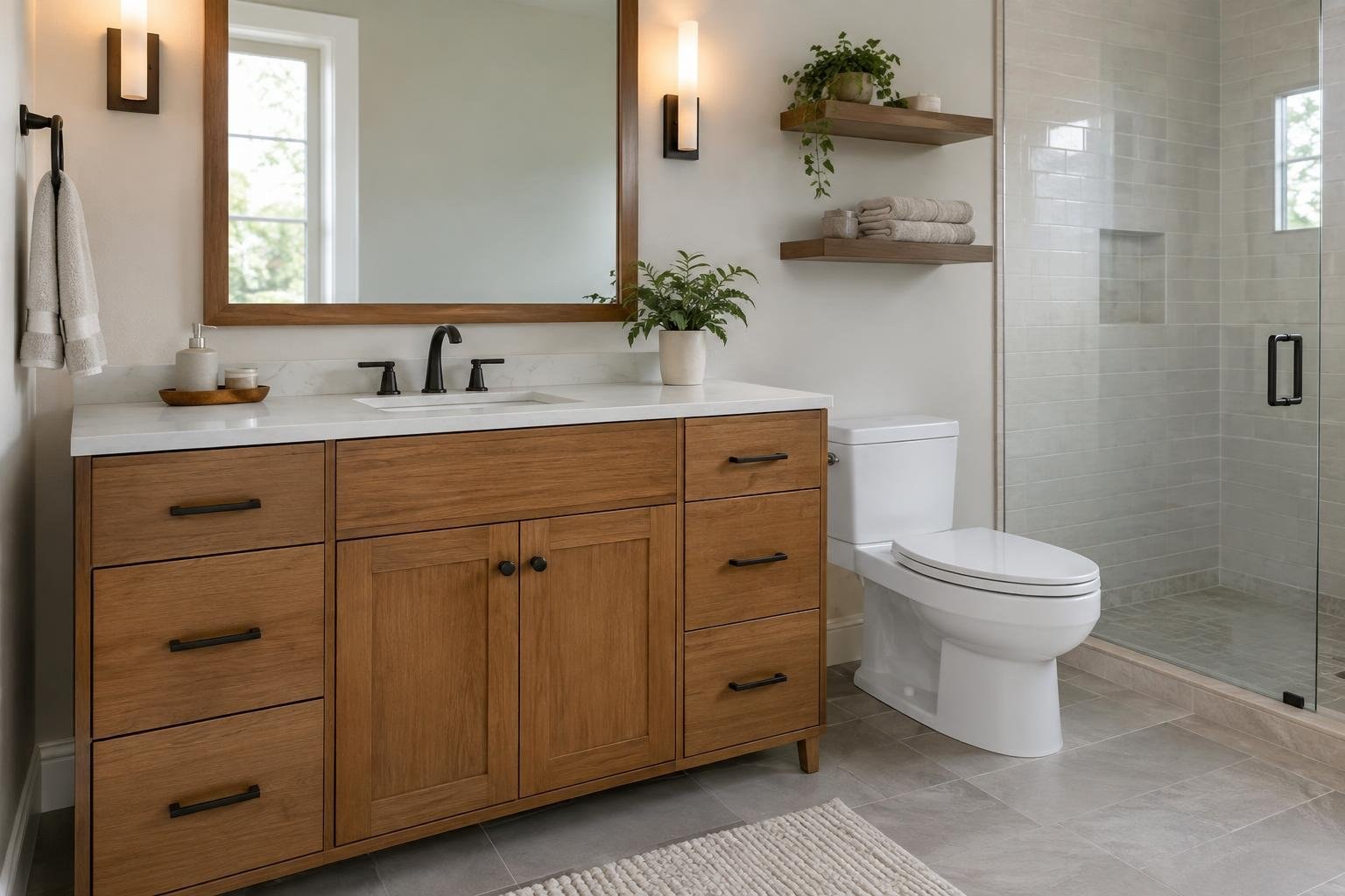 A bathroom with a wood vanity and large mirror, a white toilet, and a glass-enclosed tiled shower; shelves with towels and plants hang above the toilet.