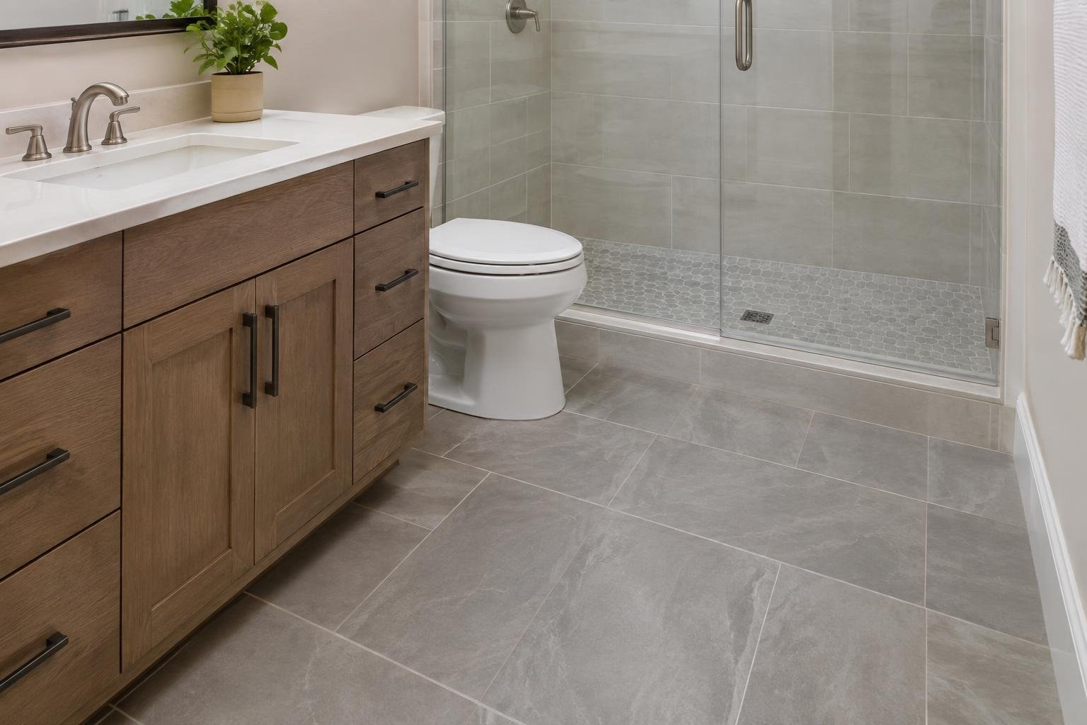 A modern bathroom with a wood vanity and white sink, a toilet, and a glass-enclosed tiled shower with a small mosaic floor.