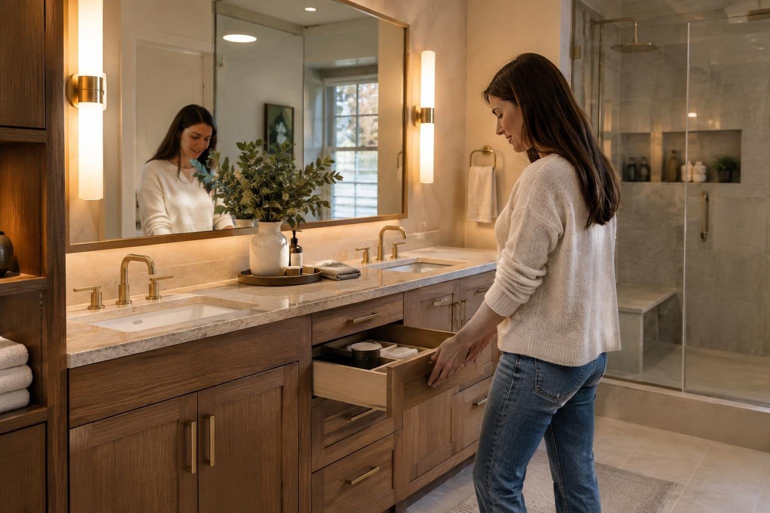 A modern luxury bathroom vanity with custom storage and layered lighting A woman in a light sweater and jeans opens a wooden vanity drawer in a bathroom, with her reflection visible in the large mirror above the sink.