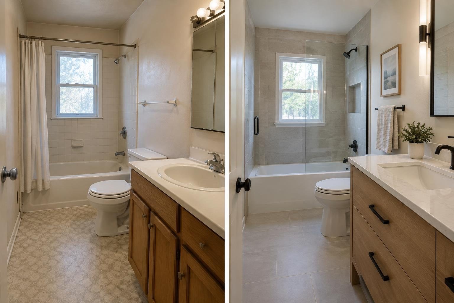Side-by-side views of a bathroom before and after renovation: the left has a tub with a curtain and patterned floor, while the right has a glass shower enclosure, light tile, and updated wood vanity.