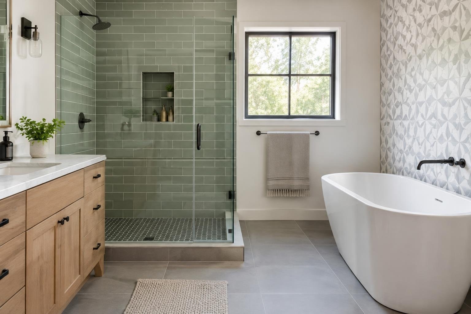 A modern bathroom with a glass-enclosed shower lined in green tile, a wood vanity, a freestanding white tub, a window, and a towel hanging on the wall.