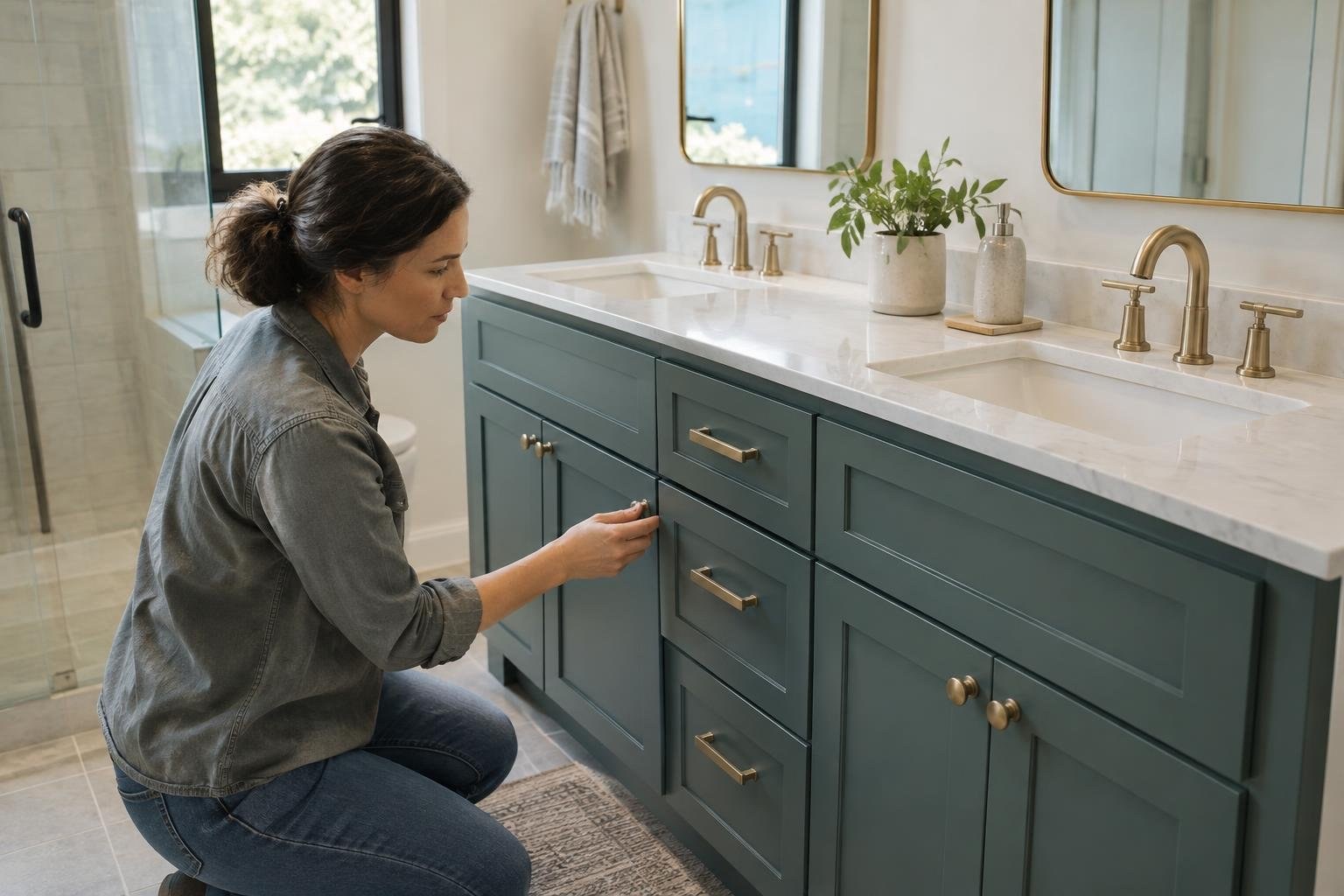 Vanity makeover with color and updated fixtures A woman kneels beside a teal bathroom vanity and reaches for a cabinet knob beneath a white countertop with two sinks.