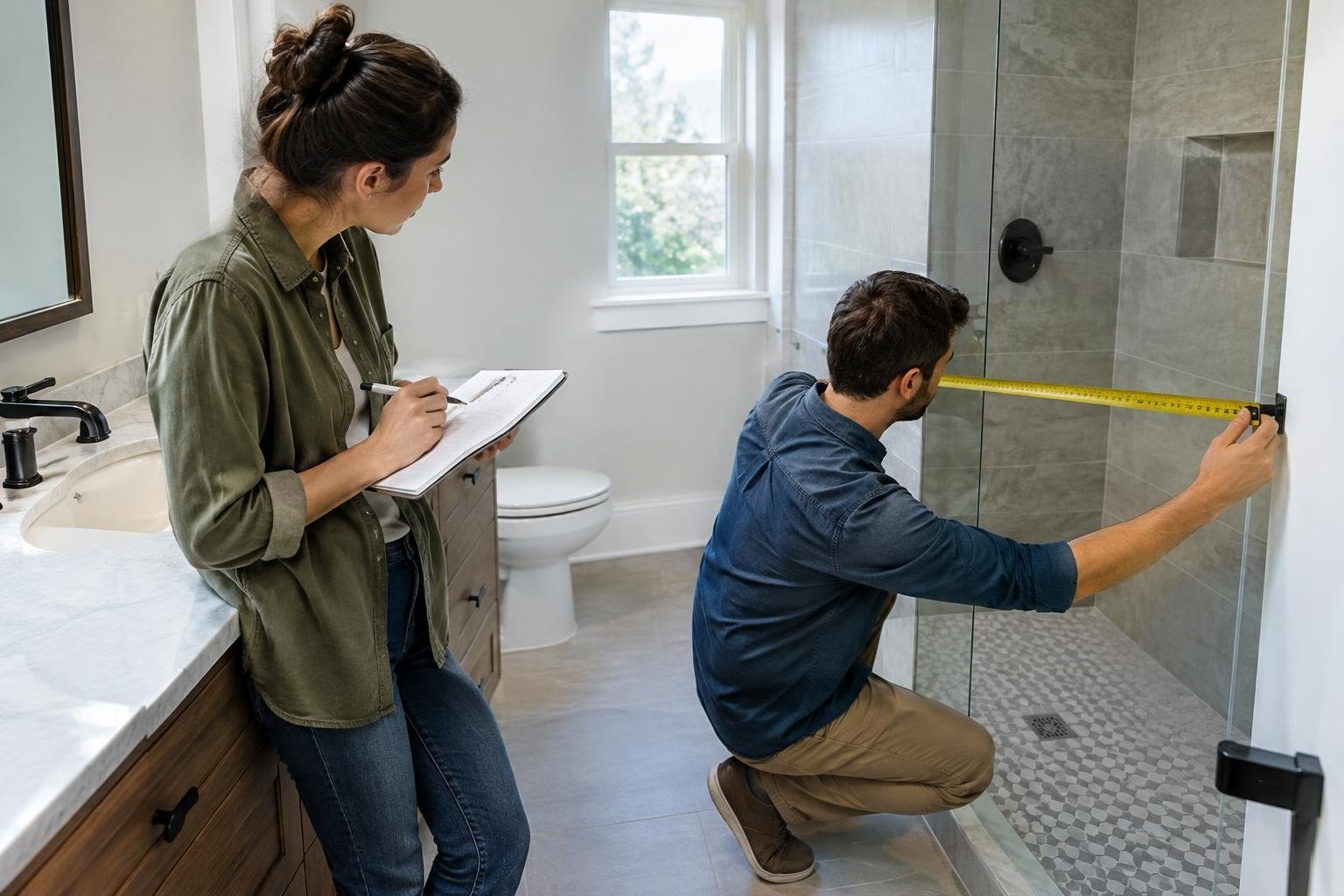 In a bathroom, a kneeling man measures across a glass shower enclosure with a tape measure while a woman beside the vanity writes on a clipboard.