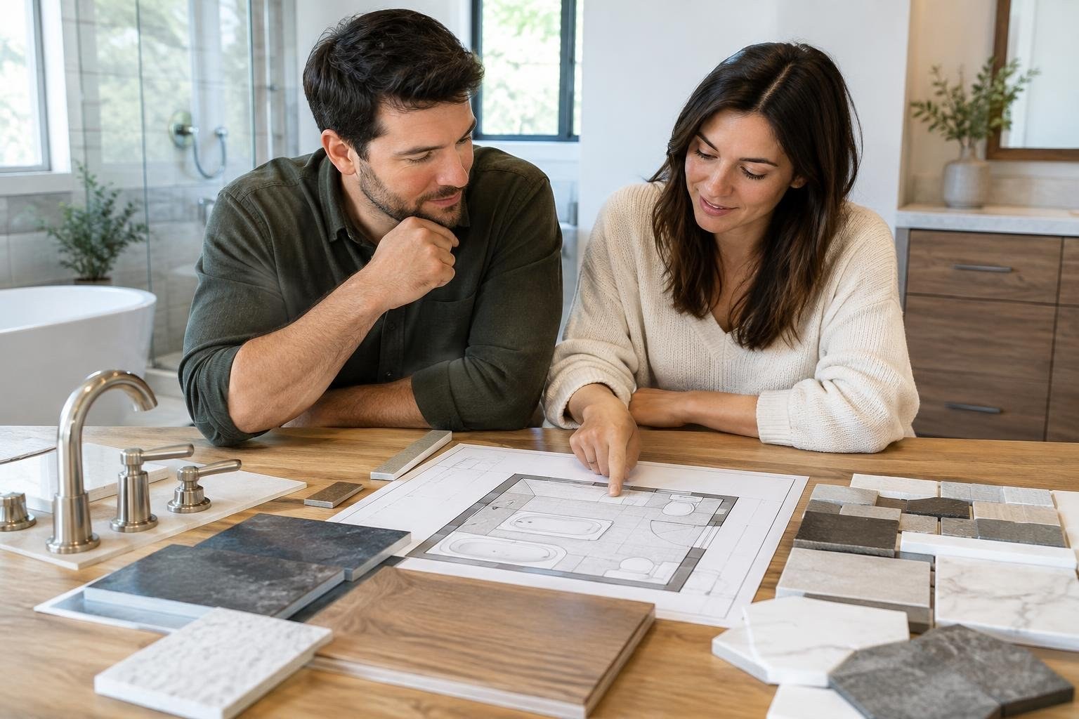 Bathroom renovation planning board with fixture layout and material samples A man and woman lean over a bathroom floor plan on a wooden counter, with the woman pointing at it; tile samples and sink fixtures are arranged around them.