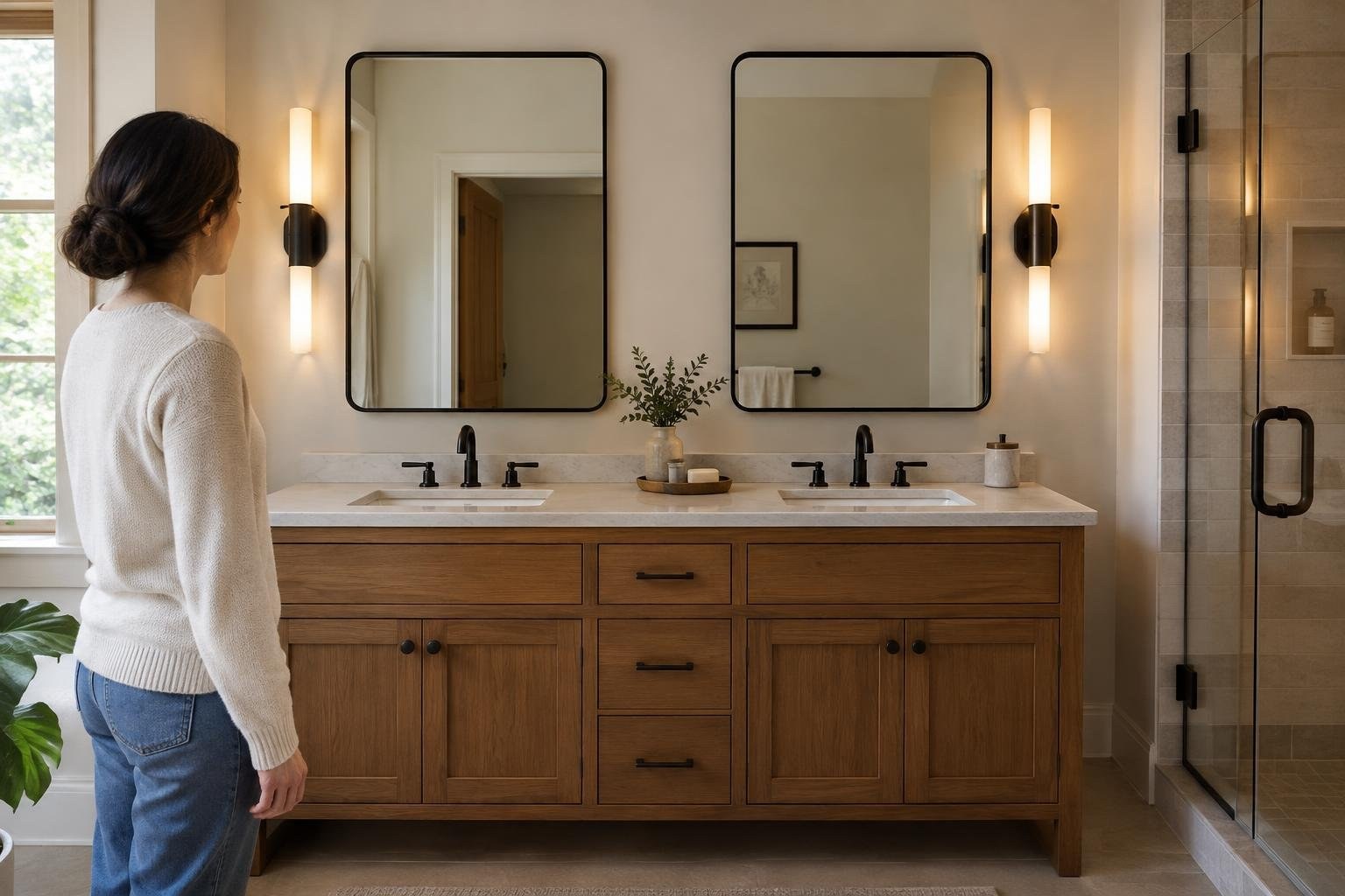 A woman in a white sweater stands beside a double-sink wooden vanity, facing two mirrors in a warmly lit bathroom with a glass shower.