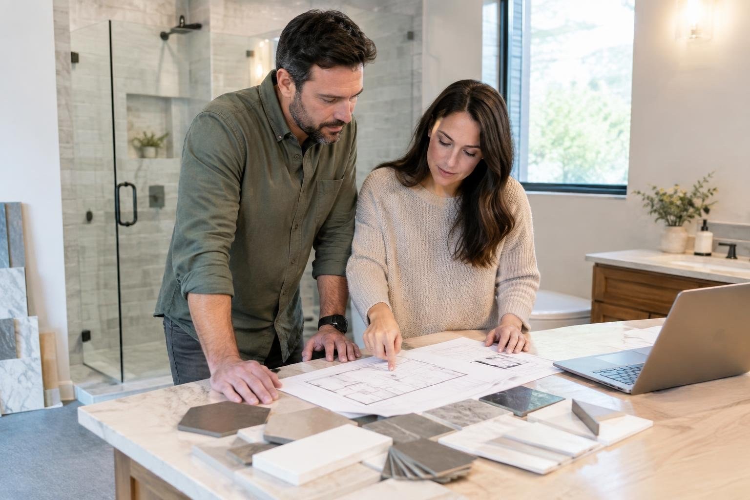 A man and woman lean over a countertop, examining a floor plan and material samples in a bright bathroom showroom.