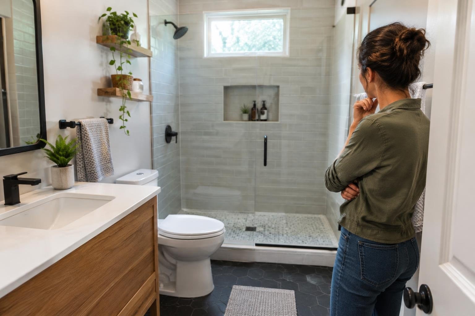 A woman stands with her arms folded in a bright bathroom, looking toward a tiled glass shower beside a sink and toilet.