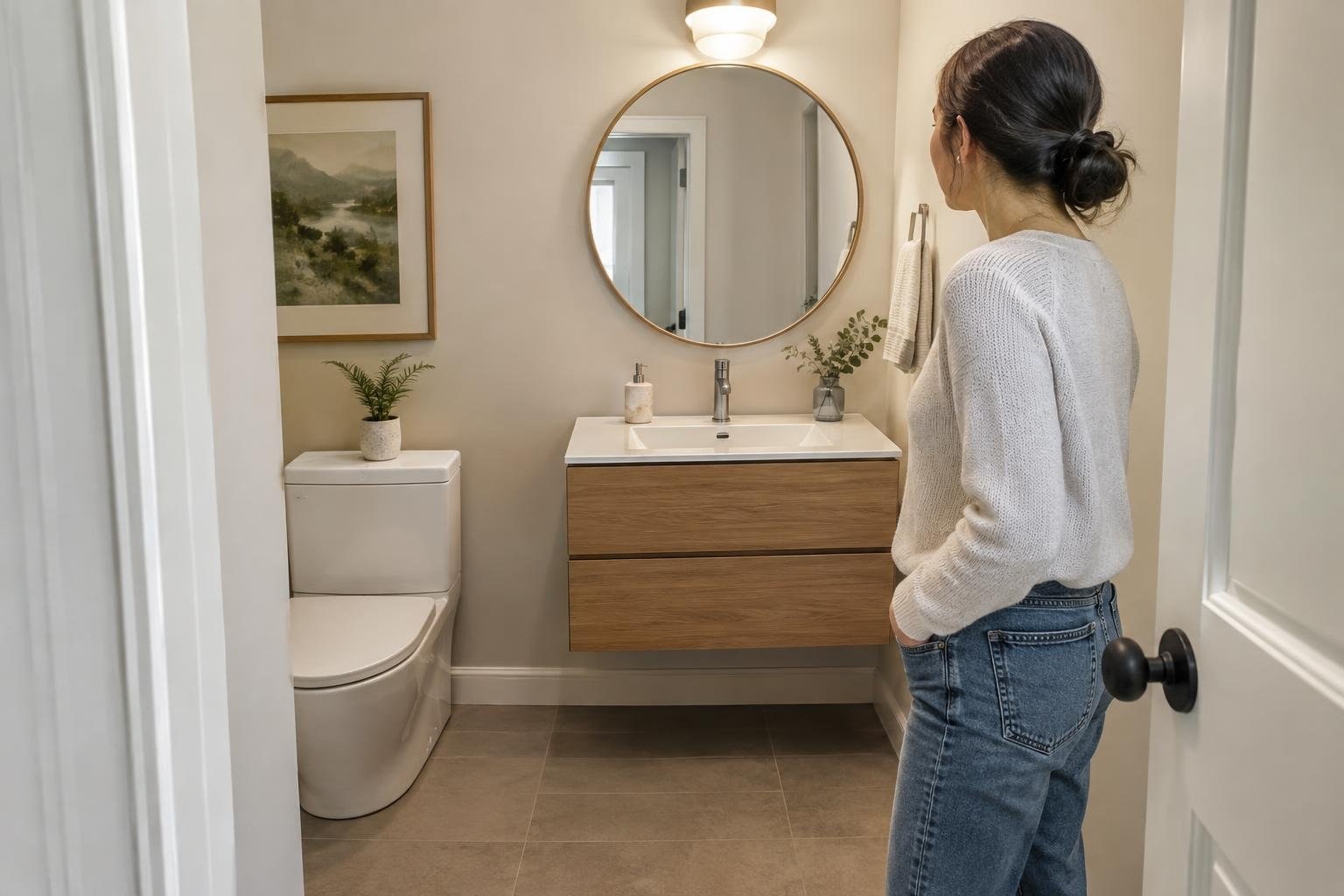 A woman in a white sweater and jeans stands in a bathroom, facing a round mirror above a wooden vanity; a toilet, plants, and a towel are also visible.