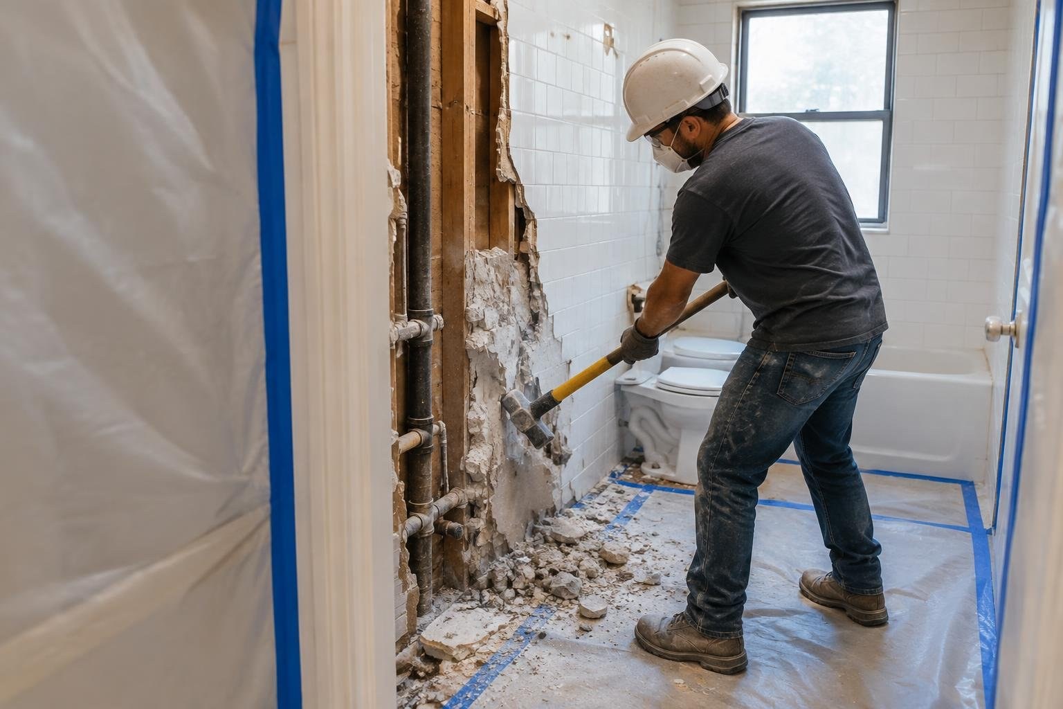 A controlled bathroom demolition with floor and doorway protection A worker wearing a hard hat and mask swings a sledgehammer at a tiled bathroom wall, with exposed pipes and rubble beside a toilet and bathtub.