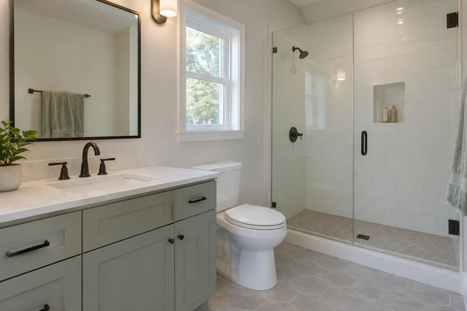 Planning materials and layout for a bathroom remodel A bright bathroom with a gray vanity and sink beneath a large mirror, a toilet beside a window, and a glass-enclosed white-tiled shower.
