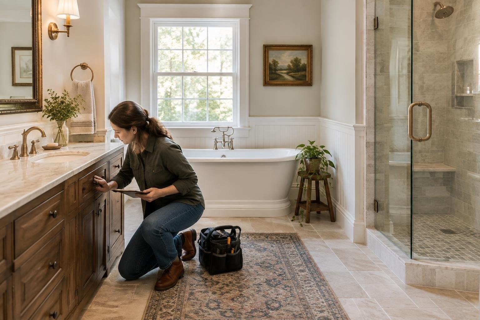 A balanced traditional bathroom with natural-looking materials and classic details A woman kneels beside a wooden bathroom vanity, opening a drawer while holding a small notepad; a tool bag sits on the rug in a bathroom with a bathtub and glass shower.