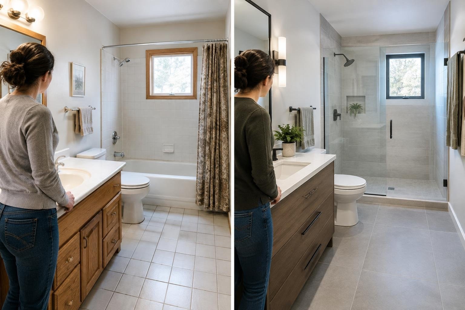 A woman viewed from behind stands beside a vanity in two side-by-side views of a bathroom: one with a bathtub and curtain, the other with a glass-enclosed shower.