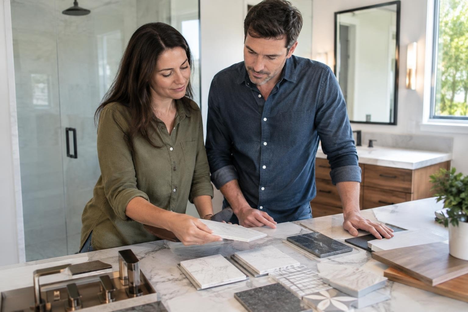 Planning materials and selections laid out together A woman and a man examine rectangular stone and tile samples on a countertop in a bright bathroom showroom.