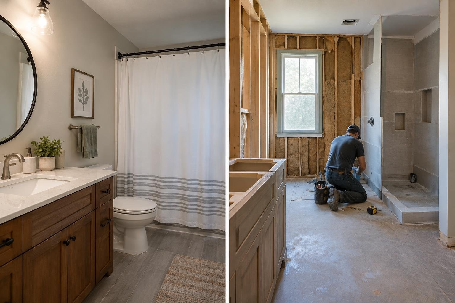 A split view shows a finished bathroom with a wood vanity, sink, mirror, toilet and shower curtain beside a gutted bathroom where a worker kneels near exposed wall studs, a window and tiled shower.