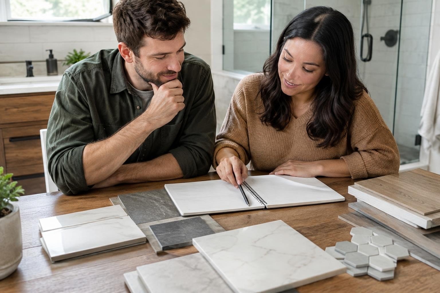 A man and woman sit at a wooden table in a bathroom, looking at an open notebook among an assortment of tile samples.