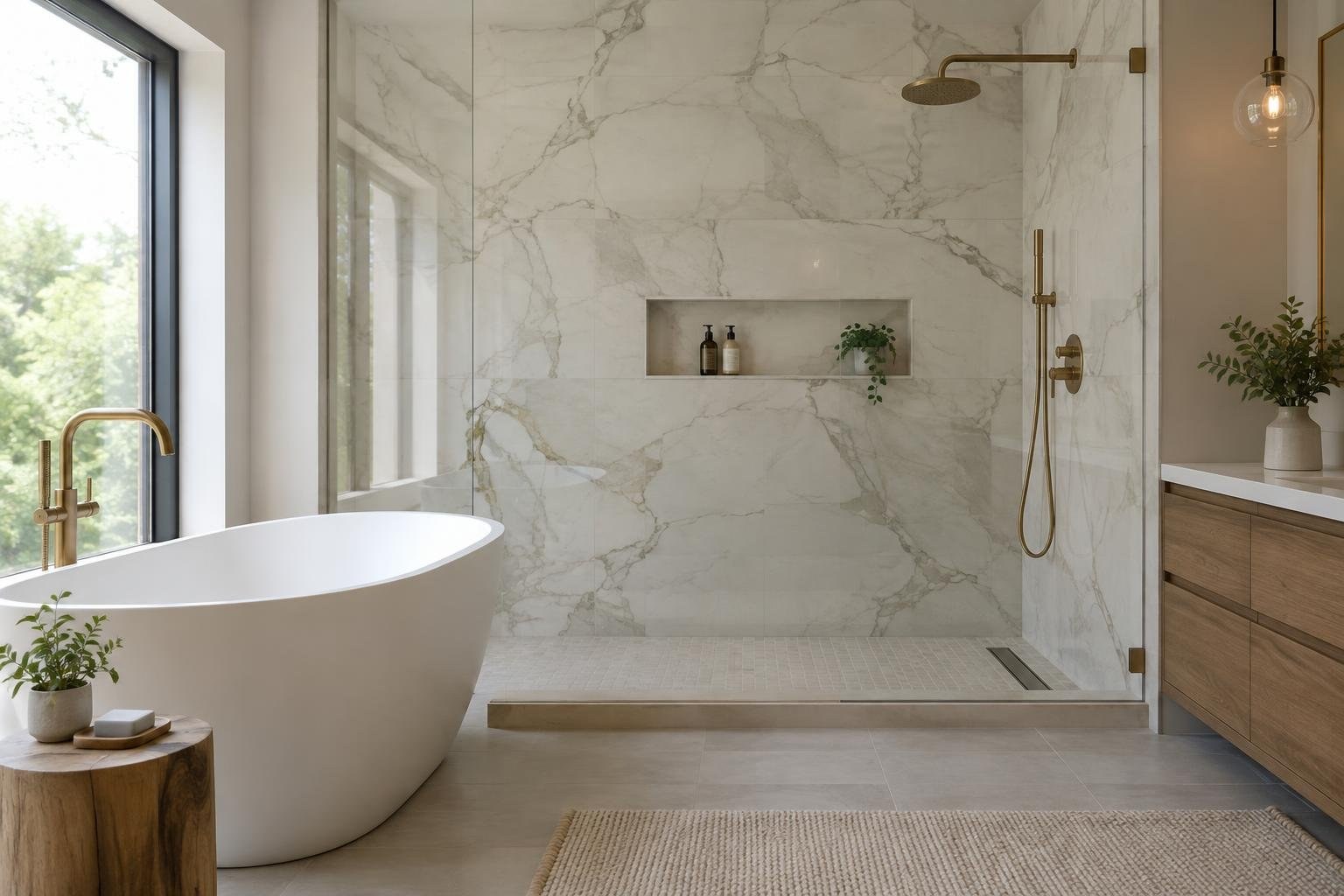 A bright modern bathroom with a freestanding tub beside a large window and a glass-enclosed marble shower with brass fixtures; plants and a wood vanity complete the room.