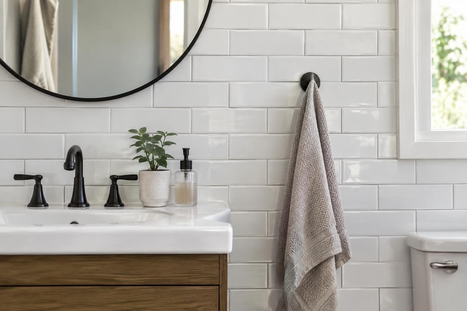 A bathroom vanity with a white sink, dark faucet, potted plant, and soap dispenser sits beneath a round mirror; a gray towel hangs on the tiled wall beside a window and toilet.