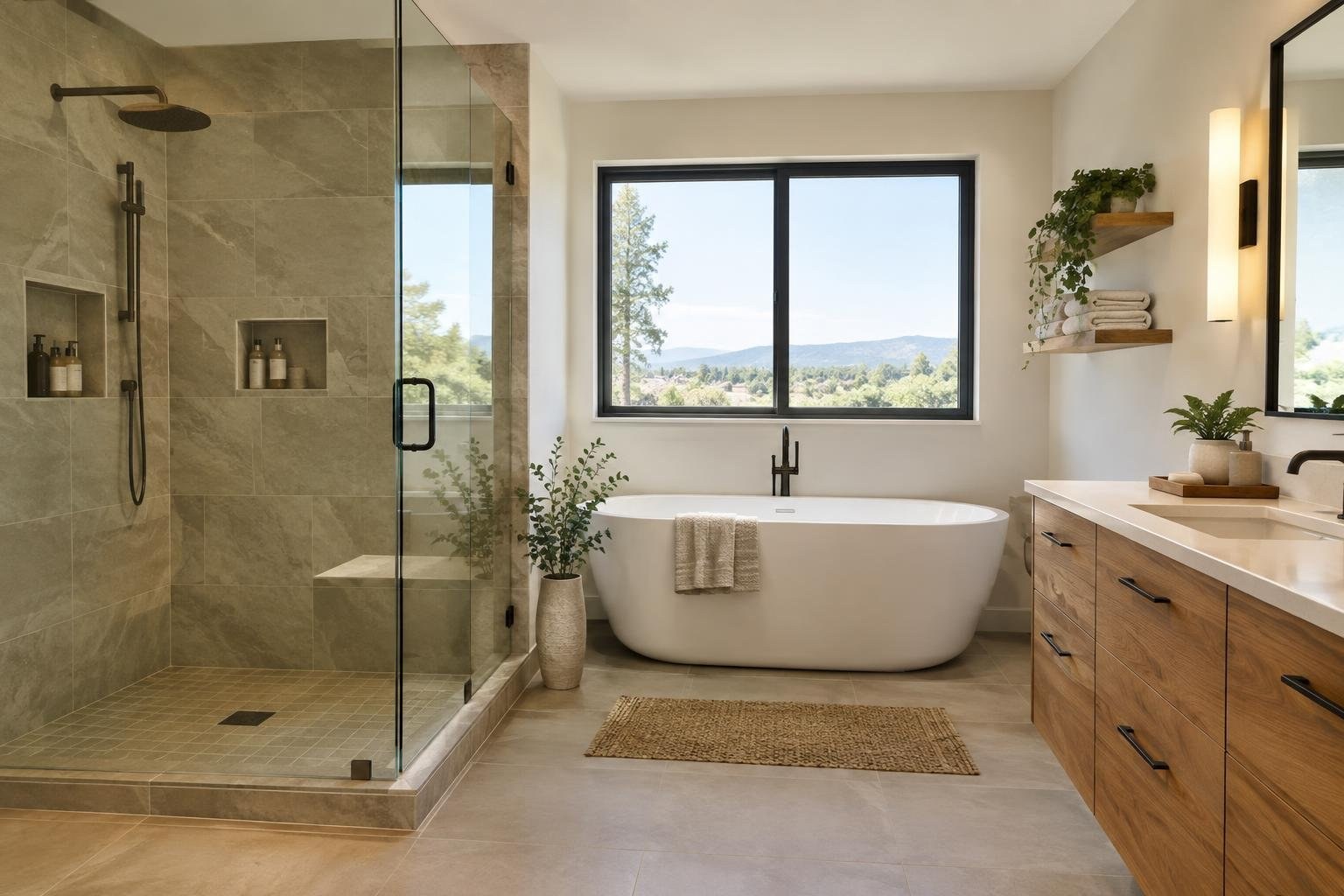A modern bathroom with a glass-enclosed tiled shower, freestanding tub beneath a window, and a wood vanity with a sink; shelves, plants, and folded towels line the wall.