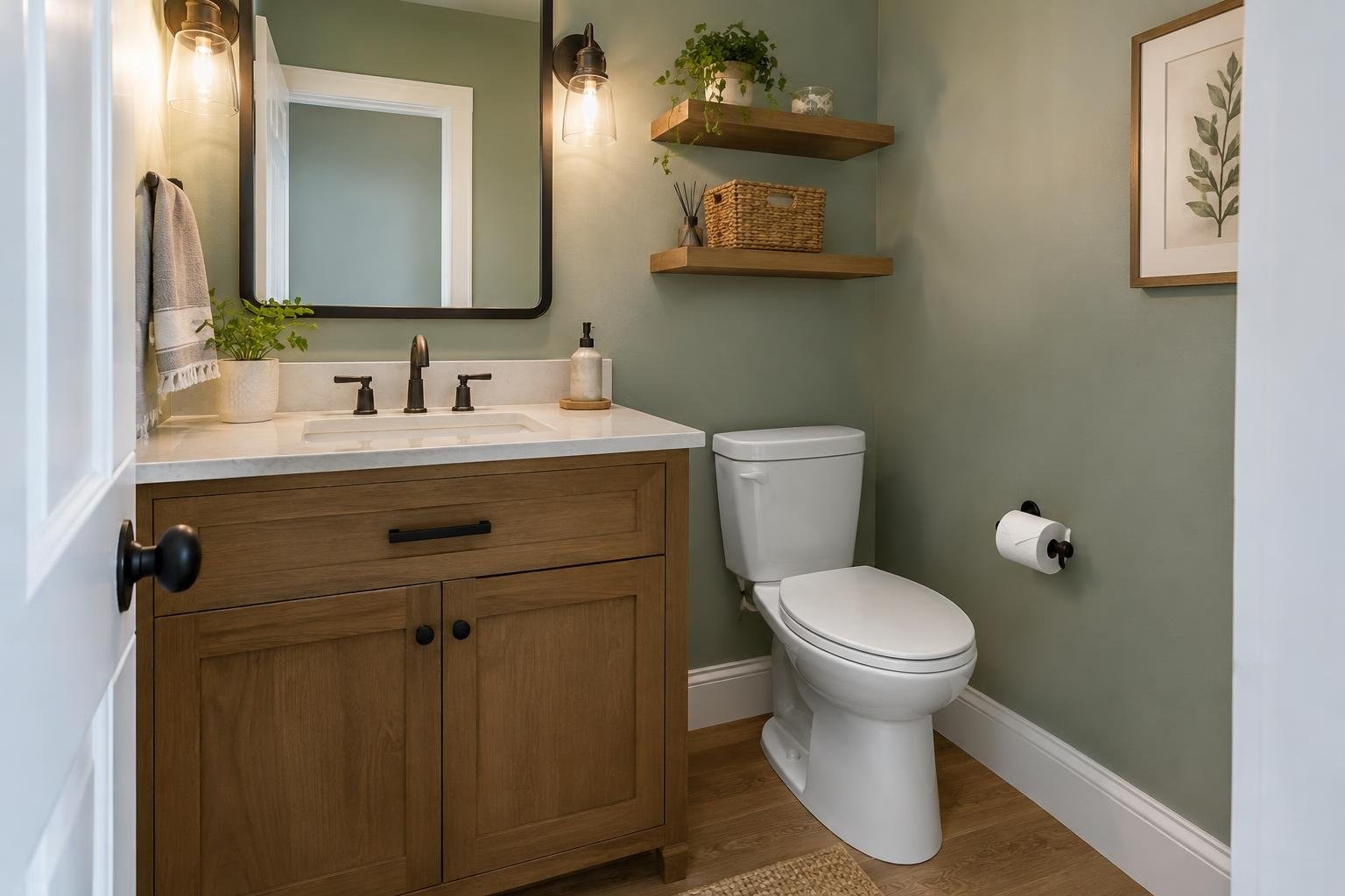 A compact bathroom with a wooden vanity and white sink, a toilet, sage-green walls, floating shelves with plants and a basket, and warm wall lights.
