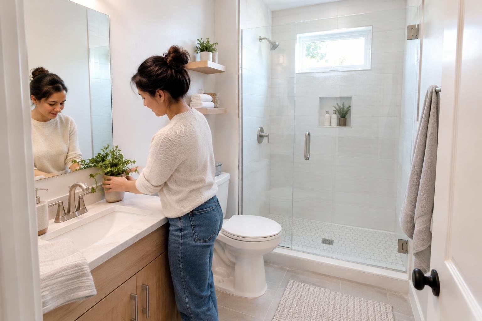A small bathroom illustrating light colors, mirror placement, and uncluttered surfaces A woman in a white sweater places a potted plant on a bathroom vanity, with her reflection visible in the mirror beside a glass shower.