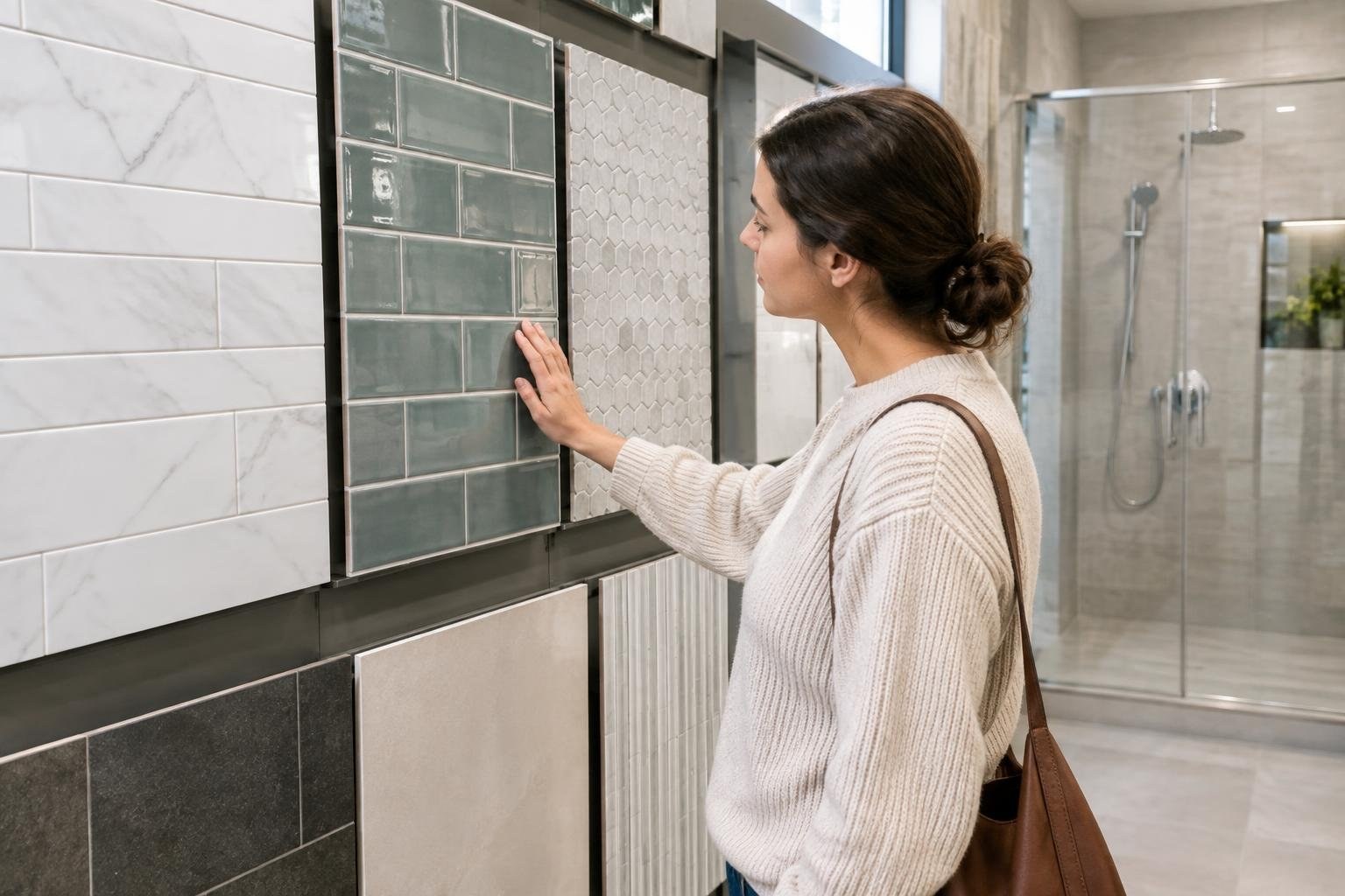 Shower tile materials and finishes A woman in a cream sweater touches a green tile sample on a display wall in a showroom, with more tile samples and a glass shower enclosure behind her.
