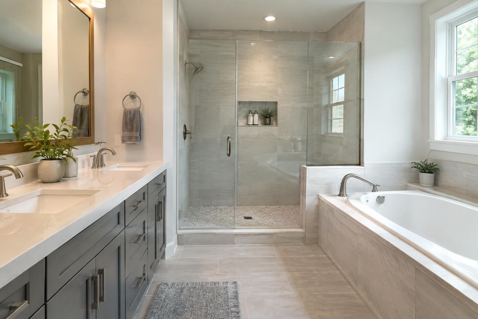 A bright bathroom with a glass-enclosed tiled shower, a built-in bathtub beneath a window, and a long gray vanity with two sinks and potted plants.
