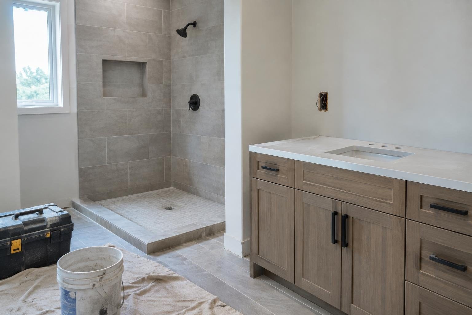 Illustrated example of a line-item bathroom remodeling estimate A bathroom under renovation features a tiled walk-in shower beside a wood vanity with a white countertop; a toolbox and bucket sit on a drop cloth on the floor.