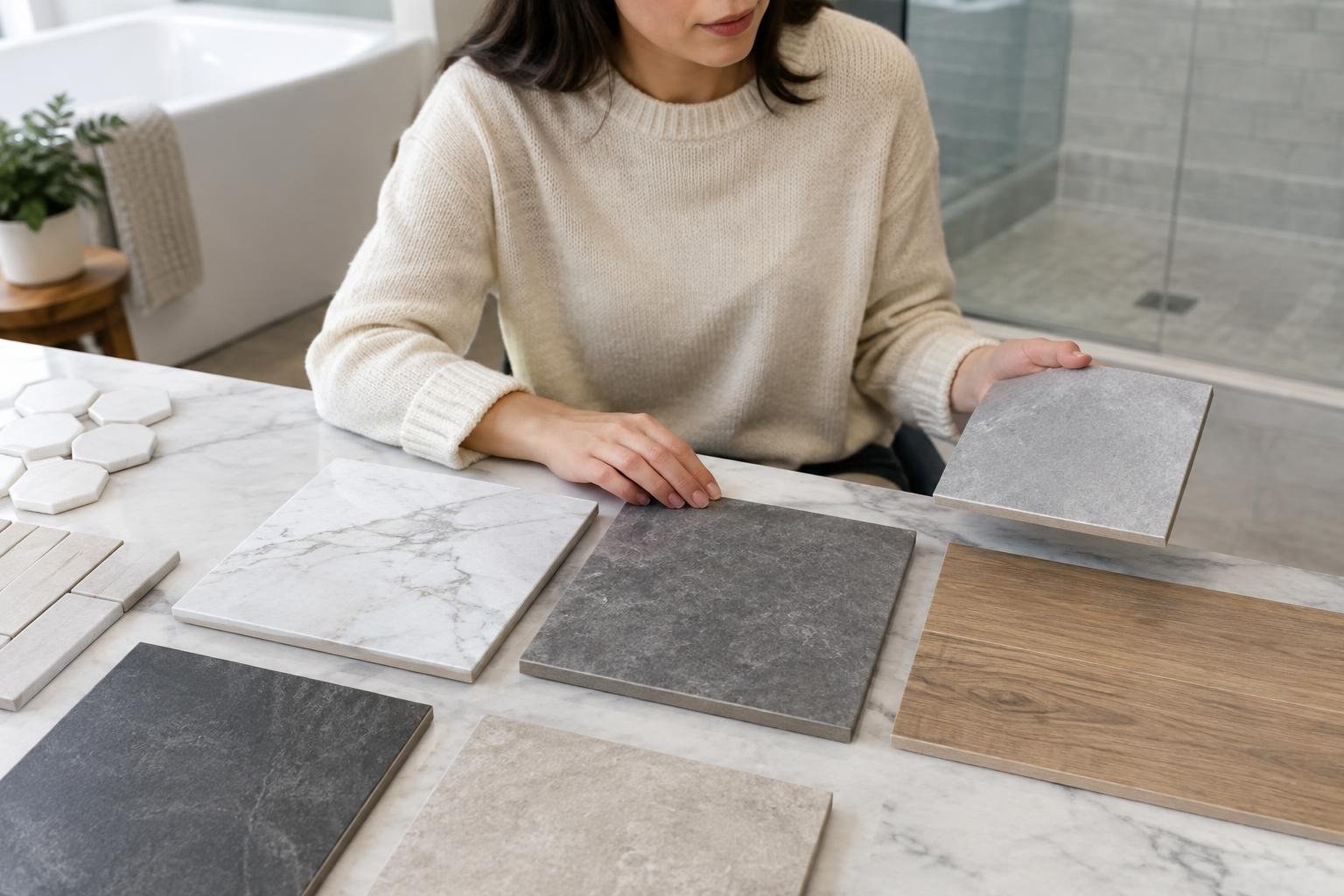Side-by-side material and finish samples A woman in a cream sweater compares rectangular tile and wood samples spread across a marble countertop in a bathroom.
