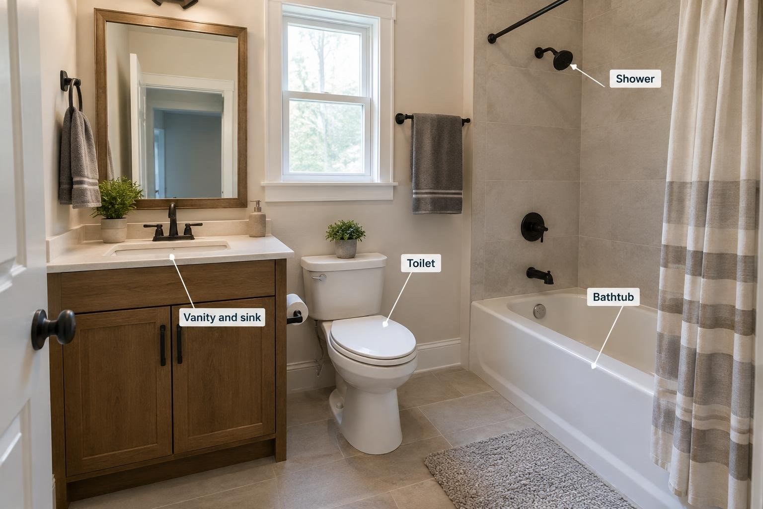 A bathroom with a wood vanity and sink, toilet, and a bathtub with a shower behind a striped curtain; a mirror, window, towels, and small plants are also visible.