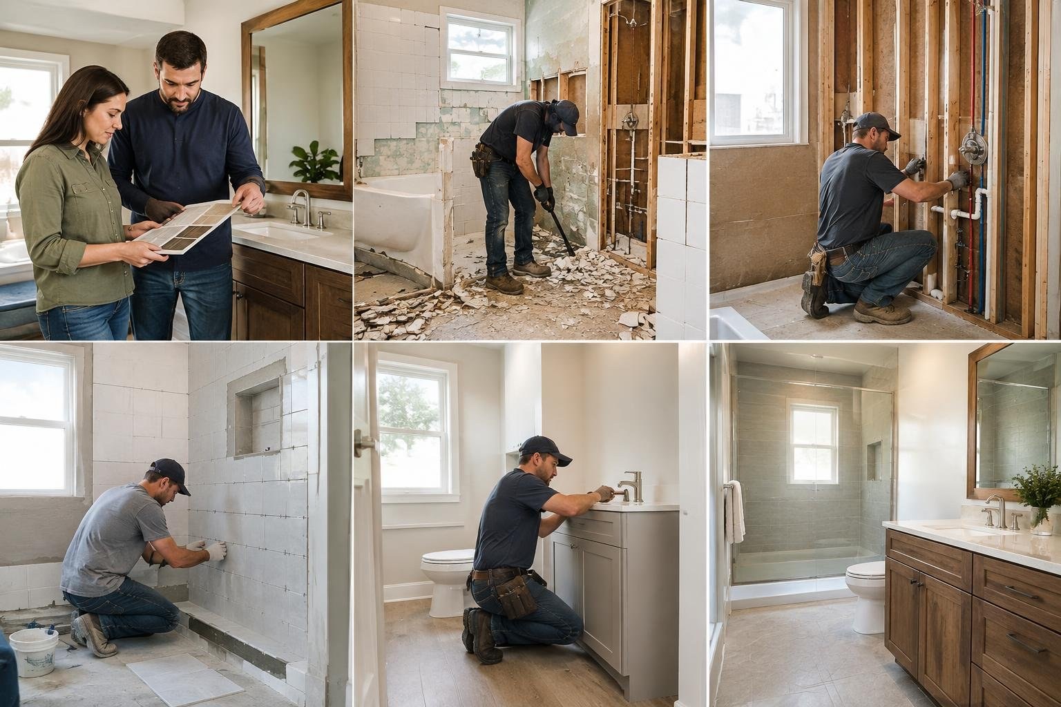 A six-panel collage shows a couple reviewing tile samples, workers demolishing and renovating a bathroom, and the completed room with a glass shower, toilet, and wood vanity.