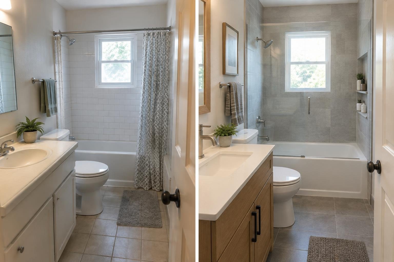 Side-by-side views of a bathroom before and after renovation, showing a vanity, toilet, and bathtub; the updated view has larger gray tiles, a glass shower panel, and wood cabinetry.
