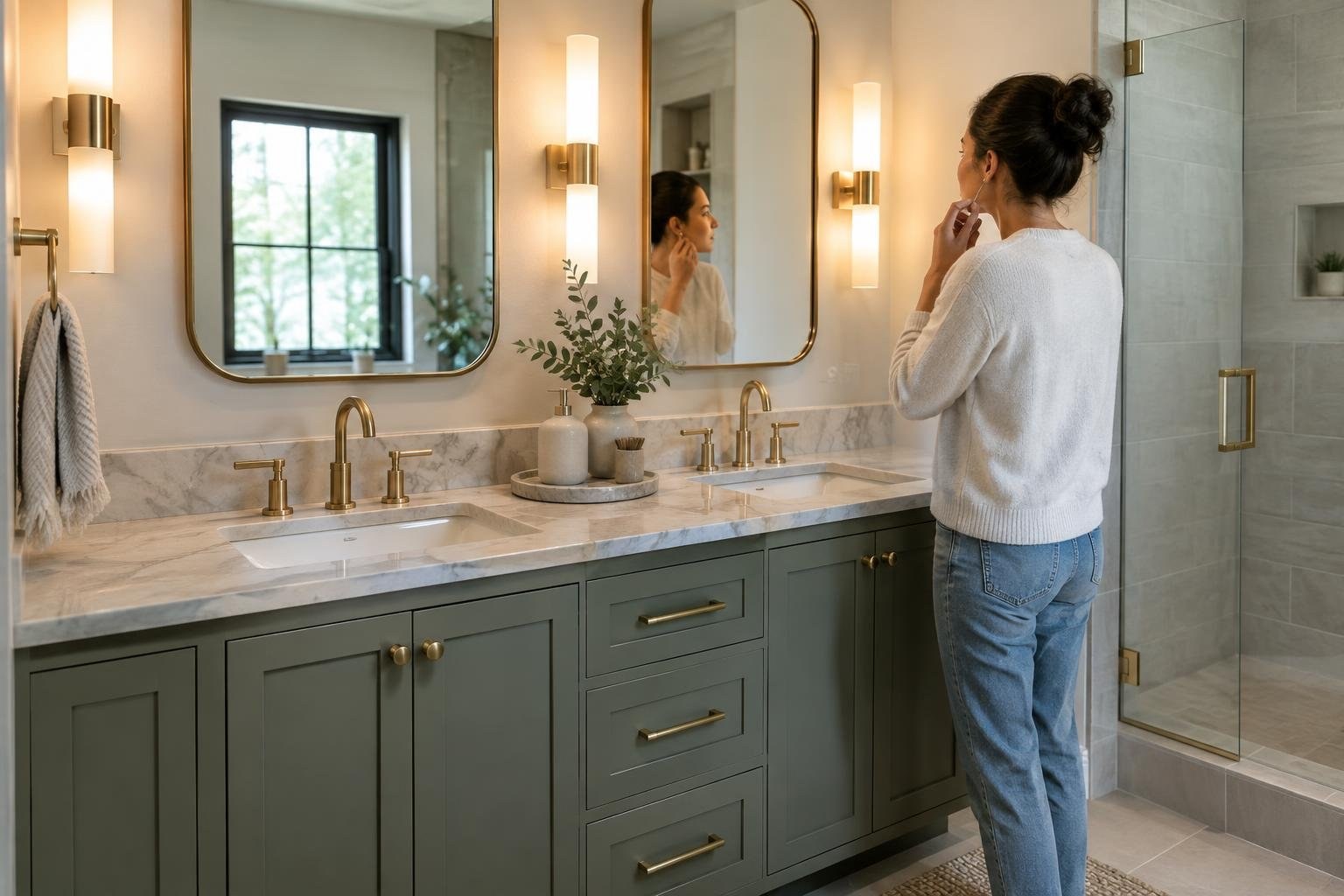 A contemporary vanity area showing how color, hardware, countertop, and lighting work together A woman stands at a bathroom vanity, adjusting an earring while looking in a mirror; a double sink, lit wall sconces, and a glass shower are visible.