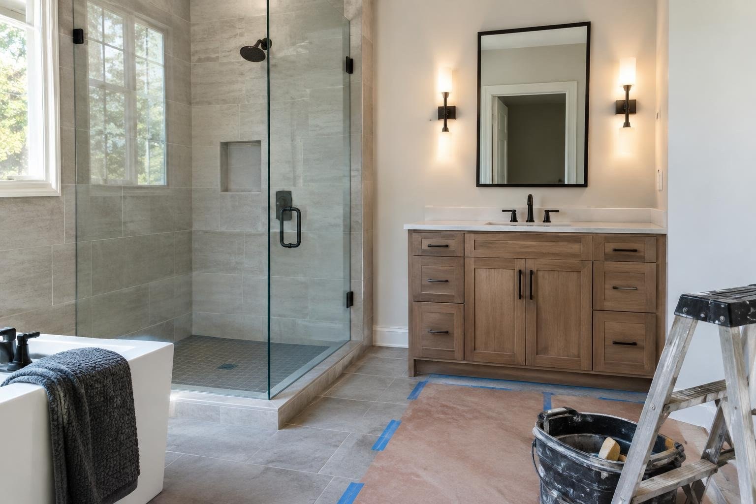A renovated bathroom with a glass-enclosed tiled shower, bathtub, and wood vanity, with a step ladder, bucket, and protective floor covering in the foreground.