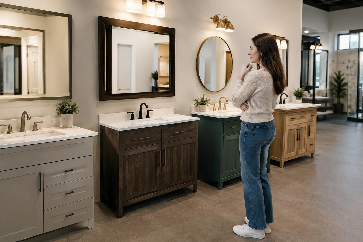 A woman stands in a bathroom showroom, looking at a row of vanities with sinks and mirrors.