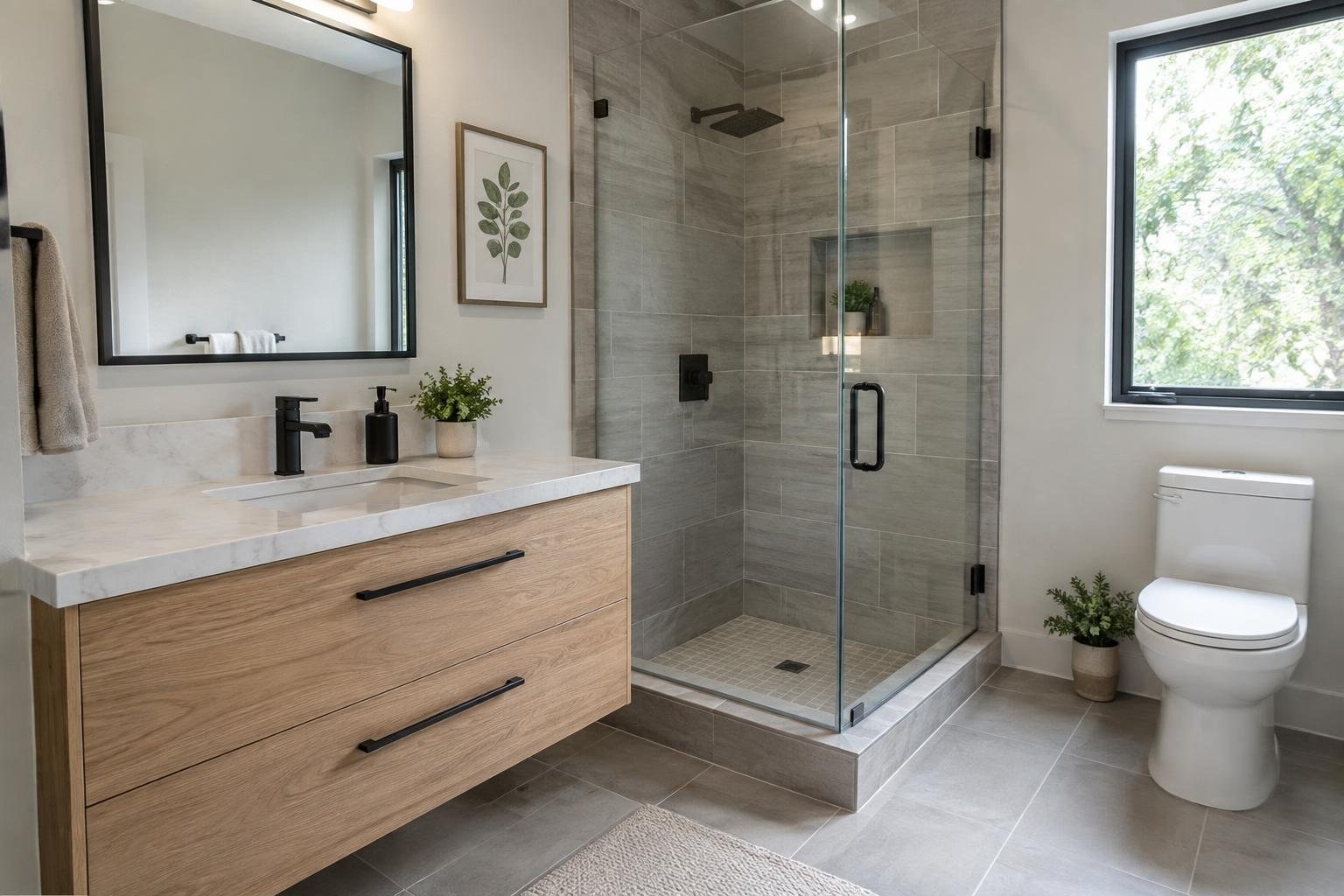 A balanced contemporary bathroom showing vanity, lighting, shower, and coordinated finishes A bright bathroom with a wood vanity and white countertop, a glass-enclosed gray-tile shower, a toilet, and a window overlooking leafy greenery.