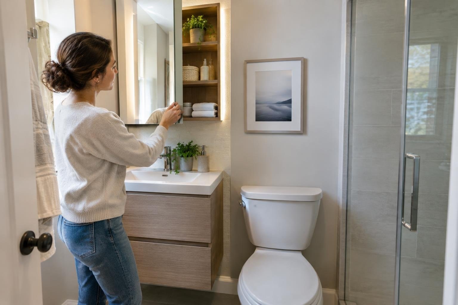 Space-saving vanity, recessed storage, and reflective finishes in a small guest bathroom A woman opens a mirrored bathroom cabinet above a sink, with a toilet and glass shower nearby.