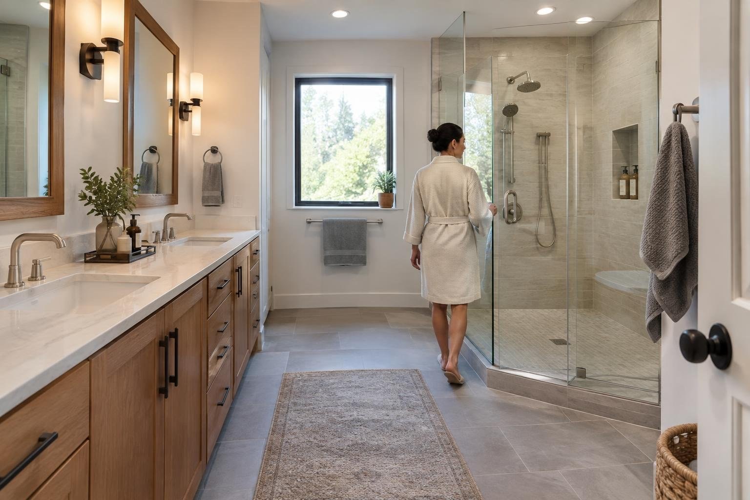 A woman in a light robe walks toward a glass-enclosed shower in a spacious bathroom with a double vanity, tiled floor, window, and hanging towels.