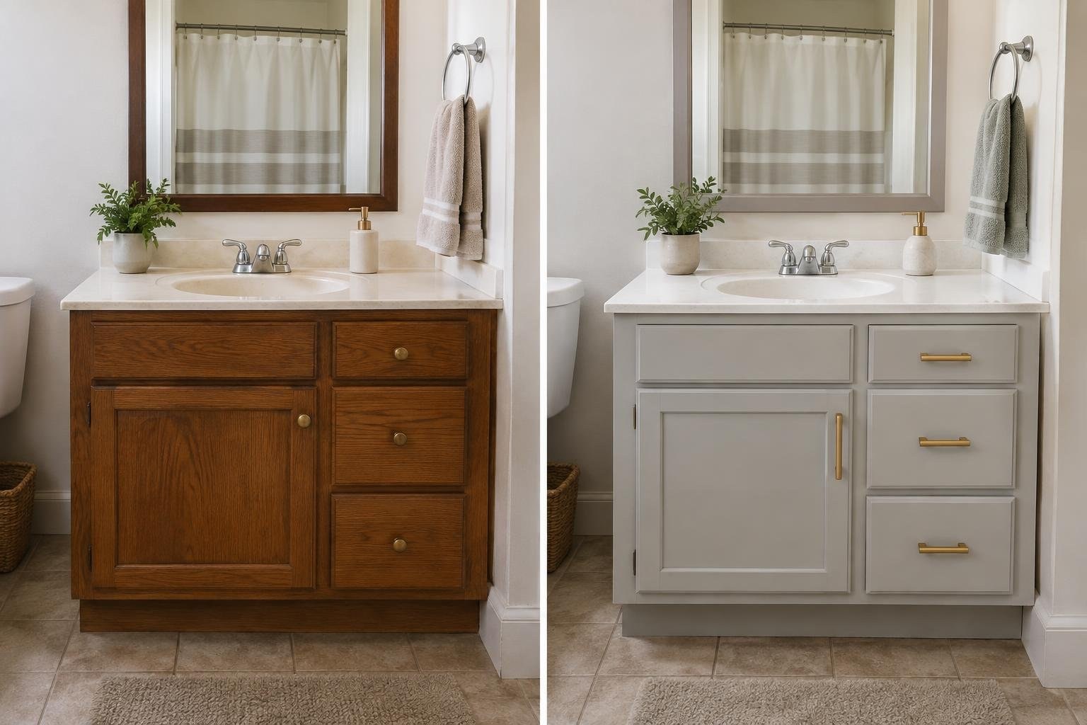 A dated vanity compared with the same vanity refreshed with paint and updated hardware Side-by-side views of a bathroom vanity before and after renovation: a dark wood cabinet on the left and a light gray cabinet with brass pulls on the right, both beneath a mirror and sink.