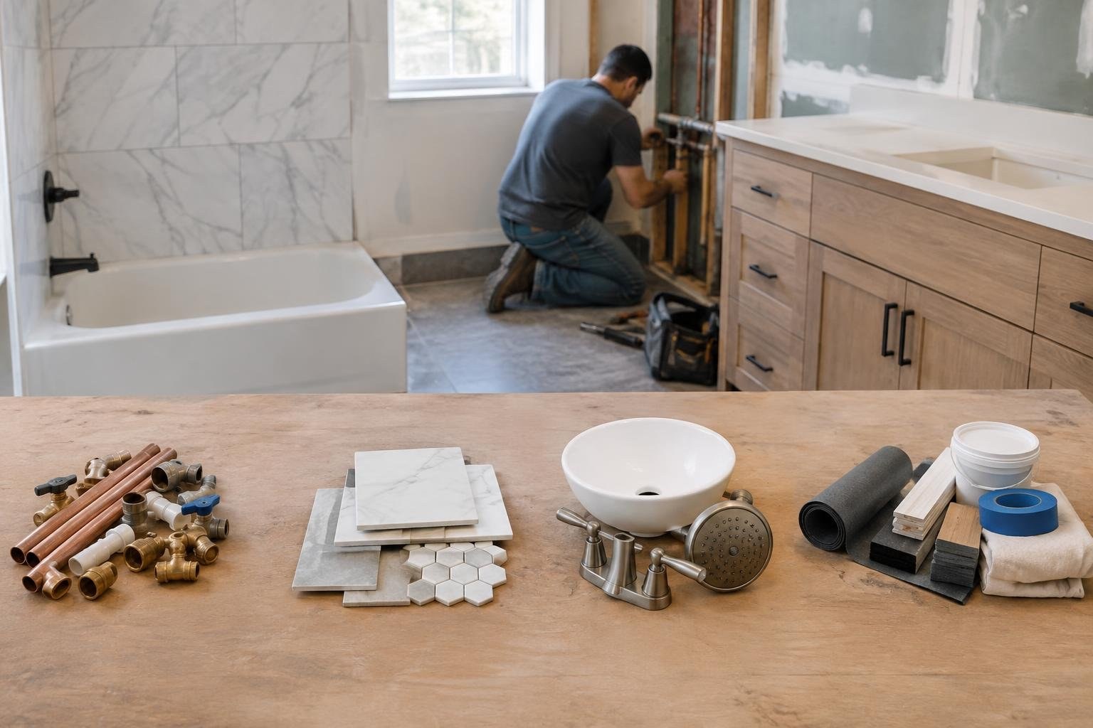 A simple visual breakdown of bathroom remodel budget categories, distinguishing plumbing from tile, fixtures, and other work. A man kneels beside exposed pipes in a bathroom under renovation, with a tub and vanity behind him and plumbing parts, tile samples, a sink, and fixtures spread across a workbench.