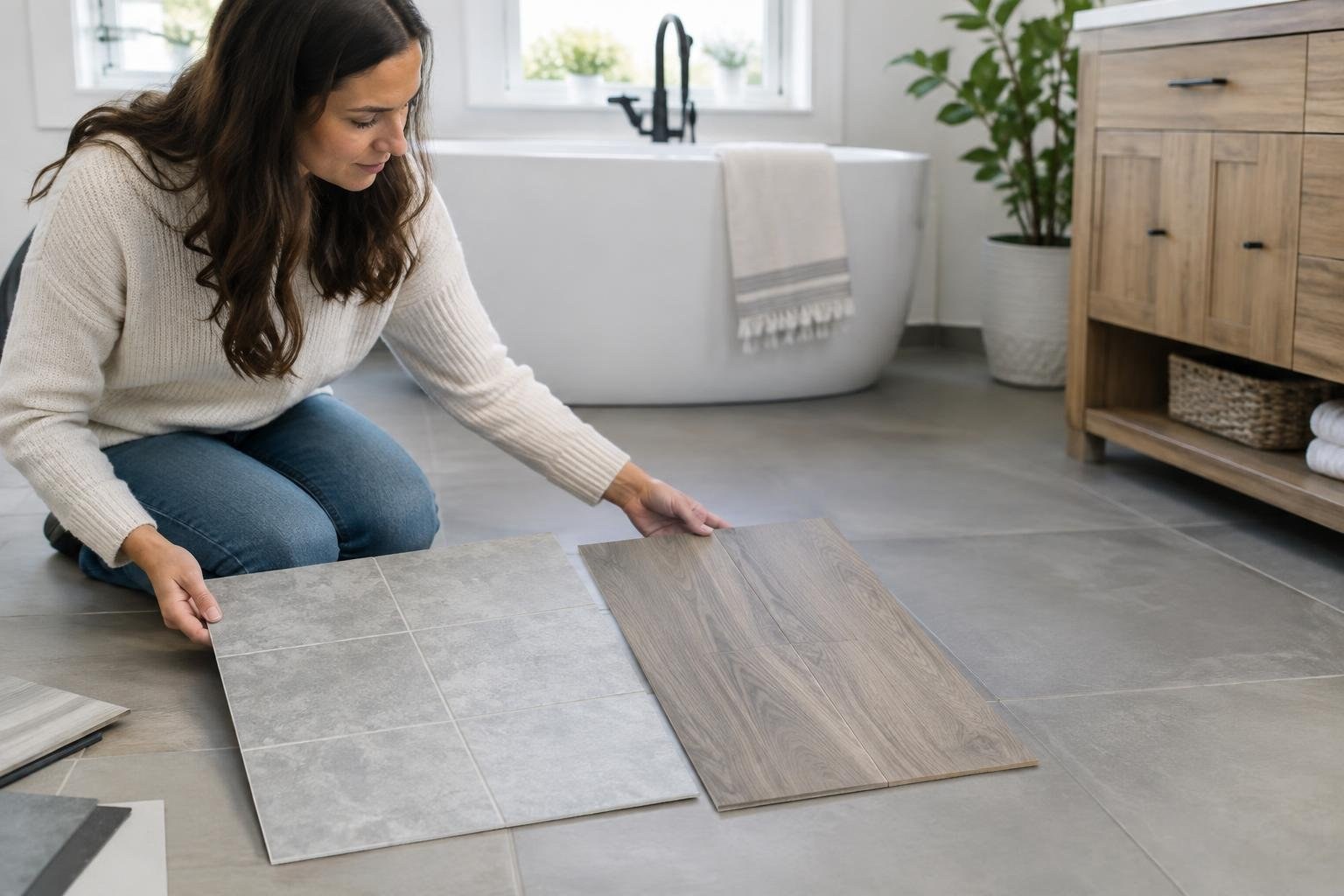 Side-by-side bathroom flooring samples in tile and vinyl styles A woman kneels on a bathroom floor, comparing large gray tile and wood-look flooring samples beside a freestanding bathtub.
