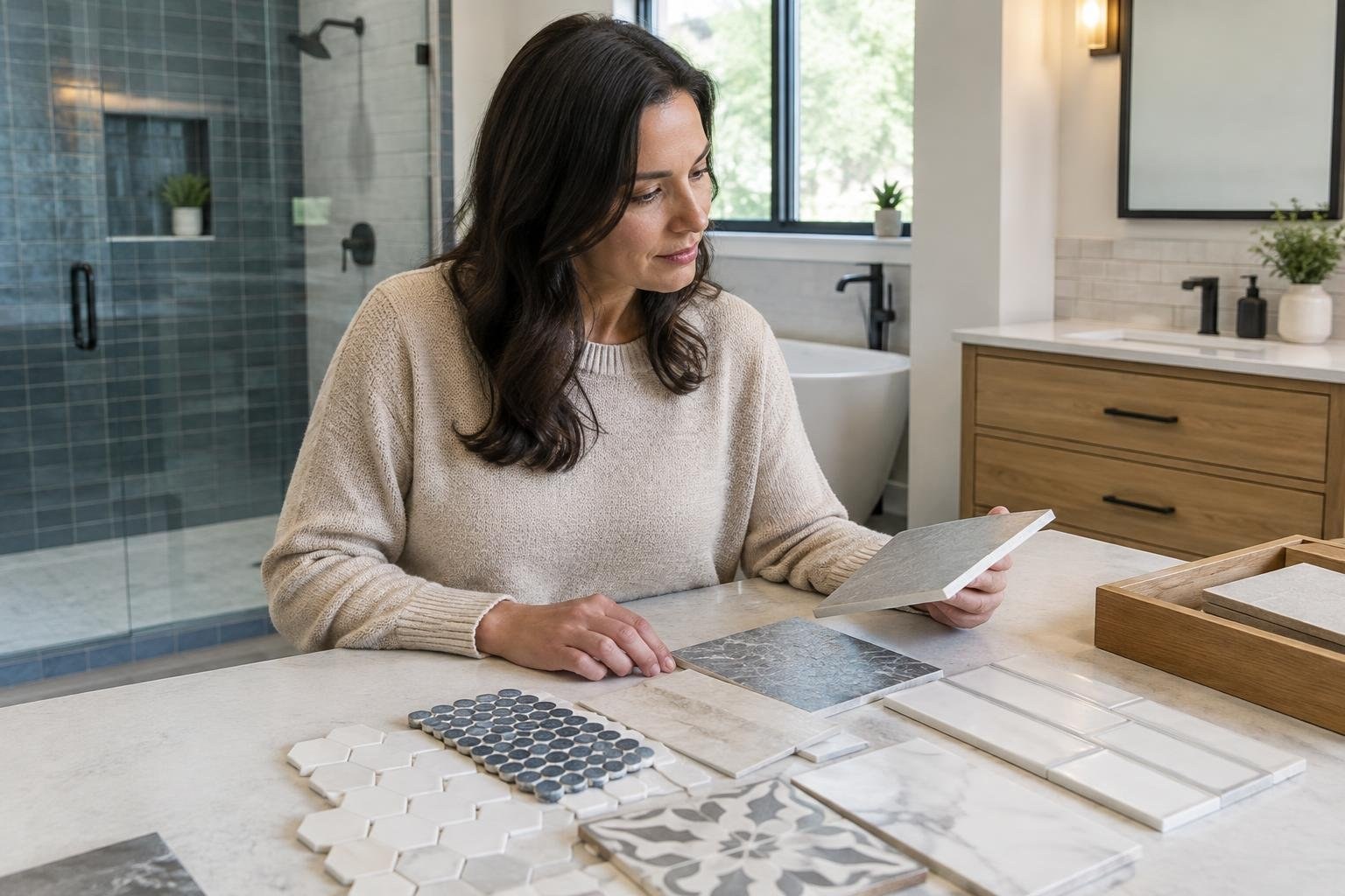 A woman compares tile samples on a countertop in a bathroom, holding a rectangular tile while several patterned and plain samples lie in front of her.