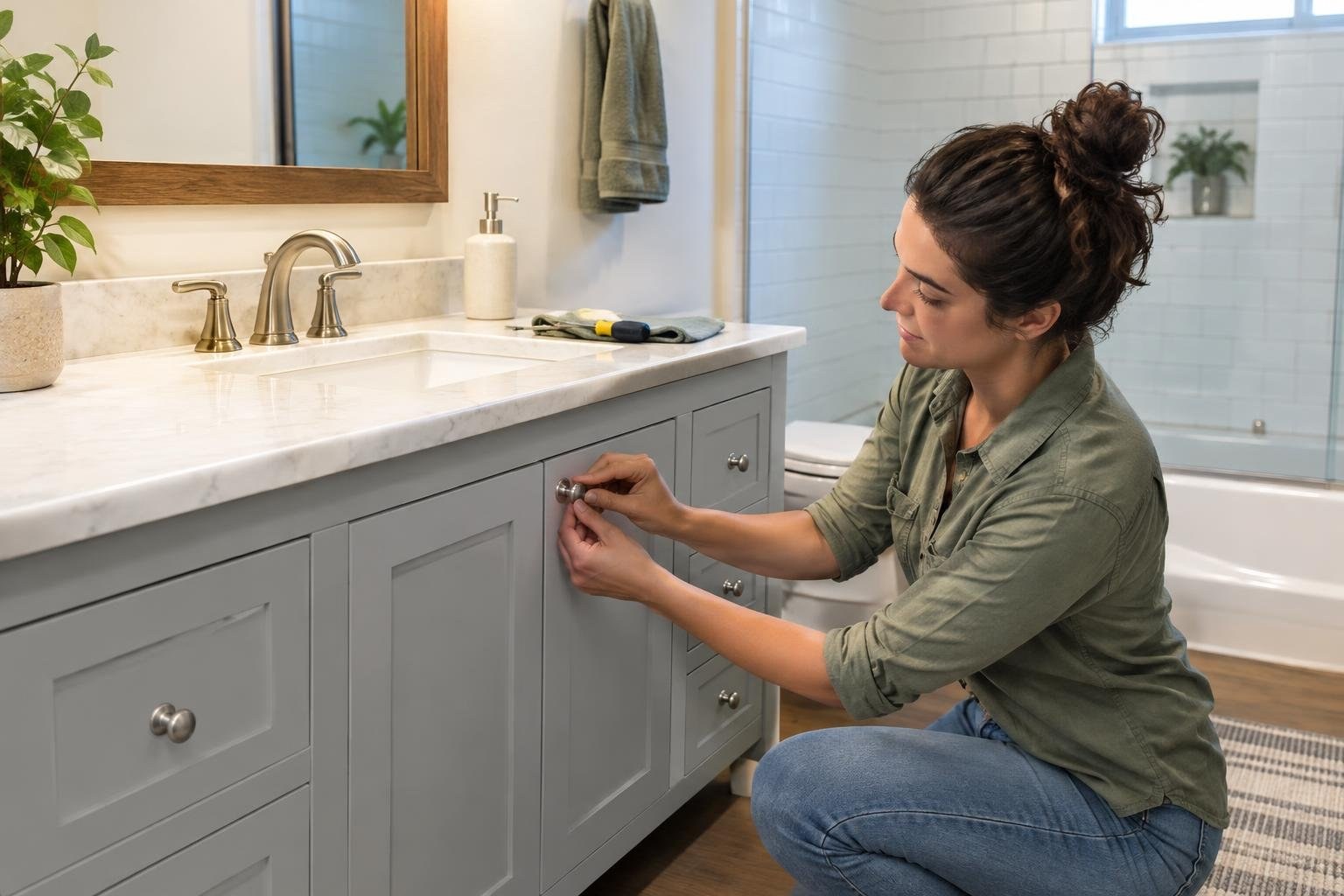 A refreshed vanity area showing low-disruption cosmetic improvements A woman crouches beside a gray bathroom vanity, fastening a round metal knob to a cabinet drawer.