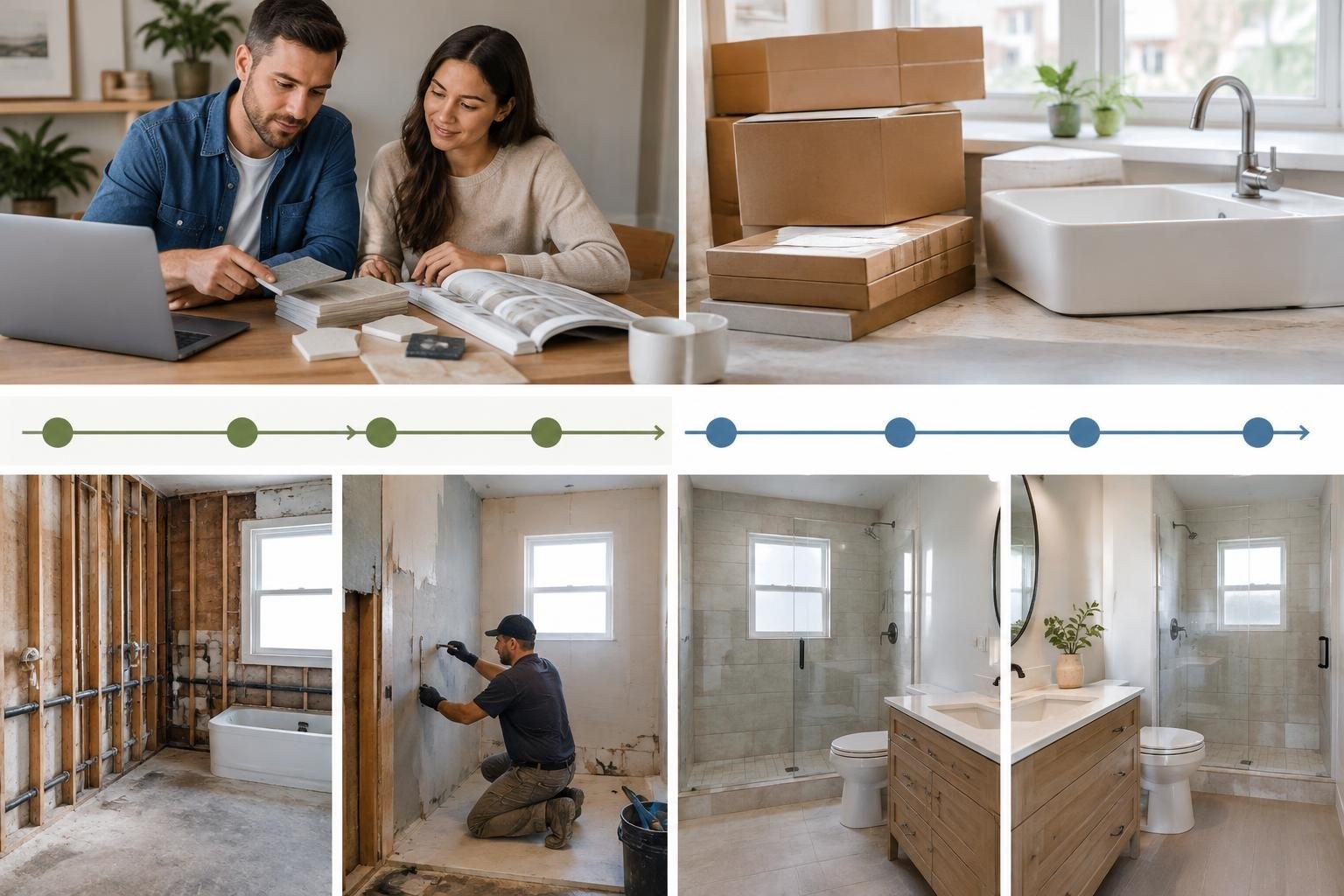 A clear timeline graphic with planning and ordering separated from on-site construction A collage shows a couple reviewing samples at a table beside moving boxes, followed by bathroom renovation stages from exposed framing and a worker repairing a wall to a finished tiled bathroom with a vanity and glass shower.