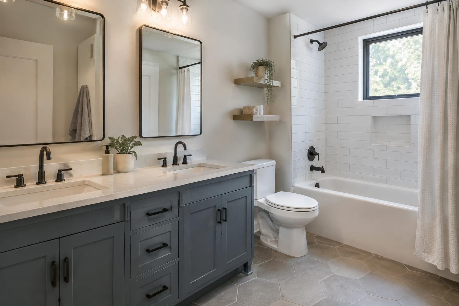 Annotated bathroom floor plan with functional zones A bright bathroom with a long blue-gray double vanity, two mirrors and sinks, beside a toilet and a white-tiled bathtub with a window and shower curtain.