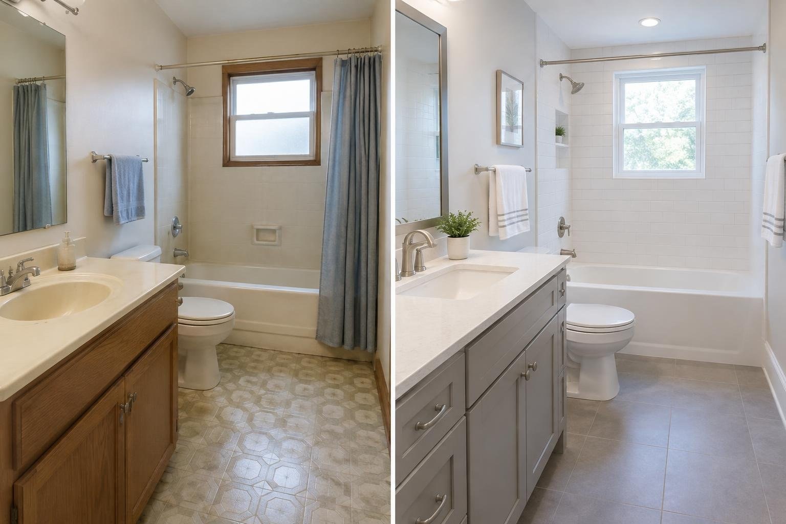 Side-by-side views of a bathroom before and after renovation, showing a vanity, toilet, and bathtub; the updated side has gray cabinetry, white tile, and a brighter window.